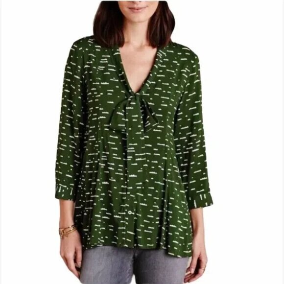 Anthropologie Maeve Green Tie-Neck Swing Blouse Women Size L Green - Picture 1 of 11
